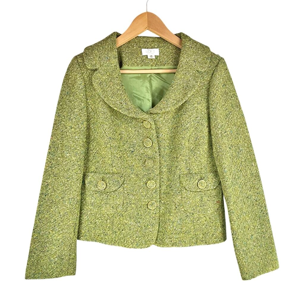 ANN TAYLOR LOFT Multicolor Flecked Green Tweed Wool-Blend Flap Pocket Blazer 12P